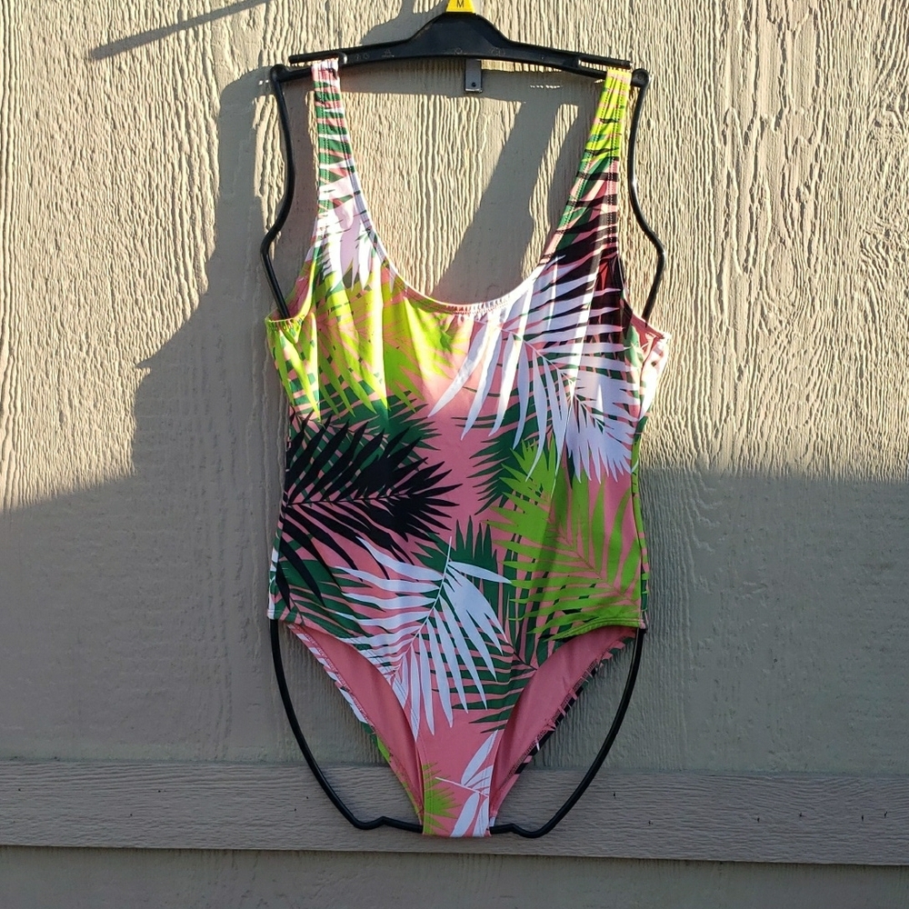 City Streets Pink and Green One Piece Swimsuit Tropical Print